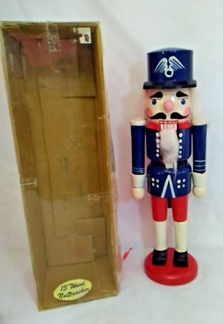 Vintage Wooden Nutcracker Soldier 13 " Tall Red White Blue Made In China