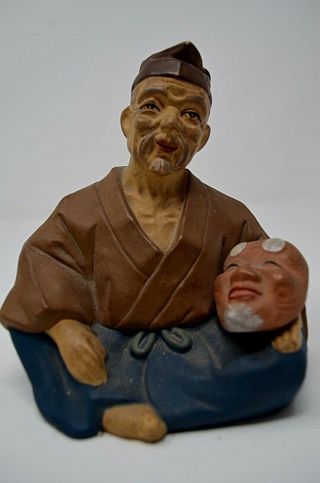 Rare Antique Very Detailed Elderly Man Holding Mask Mudman Mudmen Asian Statue