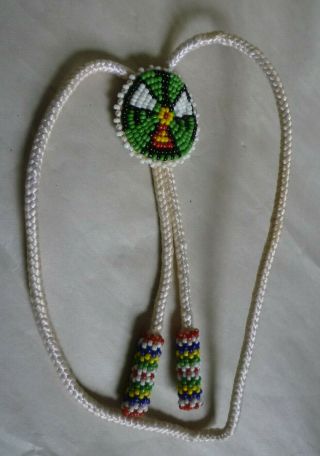 Vintage Old Native American Indian Beaded Bolo With Round Beaded Center Slide