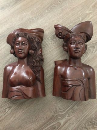 Pair Bali Indonesia Wood Carved Tribal Man & Woman - Klungkung Bali