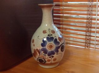 Vintage Mexico Pottery 6 " Ceramic Bud Vase Gray/blue/brown Tonala Flora Style