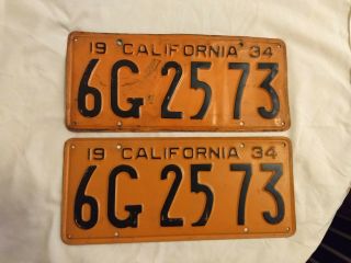 - 1934 California Licence Plates Pair / Set Dmv Clear Yom - Ford Buick Chevy -
