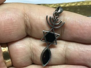 jewish judaica Vintage sterling silver Onyx Inlay Star Of David Drop pendant 2