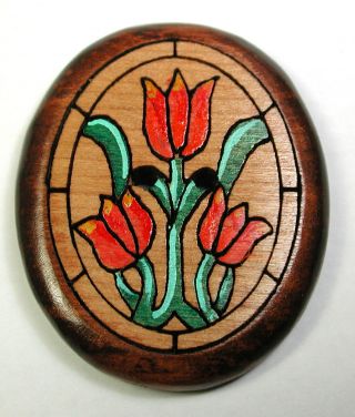 Bb Parquet Wood Button 1 & 3/4 " Oval W Flower Design Osbs Show Pretty