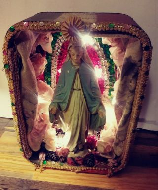 Virgin Mary,  Mexican Nicho Retablo Altar With Lights,  La Virgen De Guadalupe