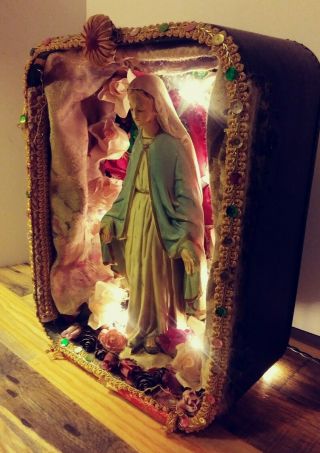 Virgin Mary,  Mexican nicho retablo altar with lights,  La Virgen de Guadalupe 7