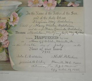 LMAS (3) 1915 Certificate of Baptism Virginia May Baldwin Norristown,  PA 3