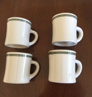Set Of 4 Vintage Victor Restaurant Ware Coffee Mugs White With Green Stripe