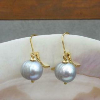 Hot Aaa 12 - 13mm South Sea Gray Pearl Earring 14k Gold