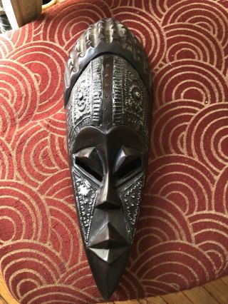 Large Wood Wooden Carved African Face Mask W/ Metal Accents