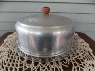 Vintage Silver Aluminum Cake Carrier Saver Dome & Clear Glass Footed Plate