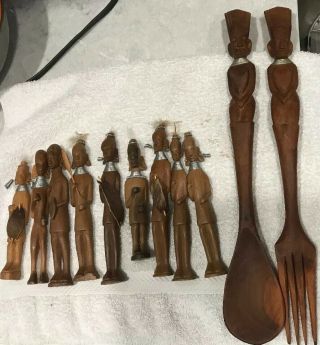 Wooden Statue Figures (9) And A Fork Figure And Spoon Figure