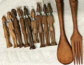 Wooden Statue Figures (9) and a fork figure and spoon figure 4