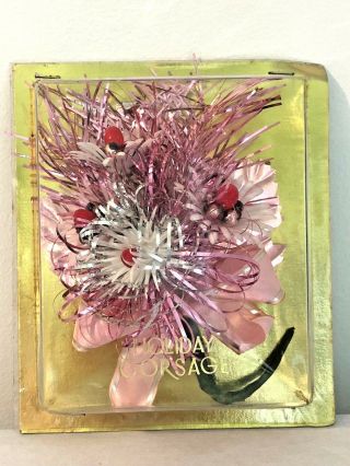 Nos Vintage Christmas Corsage Never Opened Japan Pink Tinsel