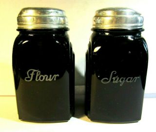 Antique Art Decor Range Top Sugar & Flour Shakers Scarce Black Glass