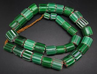 Vintage Ethnic Tribal Big Green Stripe Chevron Glass Trade Beads Necklace