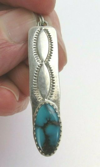 Fine Petite 1.  5 Inch Long Slender Navajo Sterling Silver Turquoise Pendant