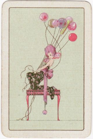 Playing Cards 1 Single Swap Card - Old Vintage Art Deco Lady Girl,  Balloons
