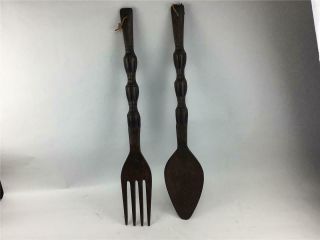 Vintage Large 27 " Length Wooden Spoon & Fork Wall Hanging Decor