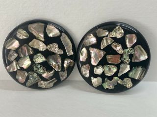 2 Vintage Abalone Shells In Resin Lucite Hot Plate Trivets Mother Of Pearl 5”