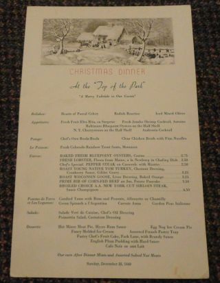 1949 Park Hotel Christmas Dinner Menu Top Of The Park - Wisconsin?