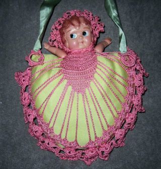 Vintage One Of A Kind Celluloid Flapper Doll Crocheted Pin Cushion Wall Hanging