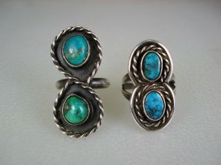 2 Old 1970s Navajo Sterling Silver & Green Blue Turquoise Rings Small Sizes