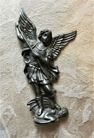 St.  Michael Archangel Slaying Demon Pewter Figurine 4.  5 " Tall