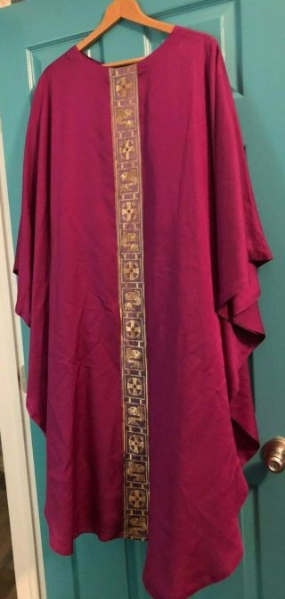 Gorgeous Vintage Catholic Priests Purple Chasuble Vestment W/ Fish & Crosses