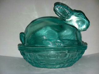 Vintage Glass Ice Blue Bunny Rabbit Basket Covered Trinket Or Candy Dish