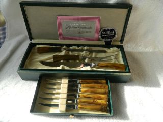 Vintage Washinton Forge Sheffield Carving Knife Set With 6 Steak Knives & Box