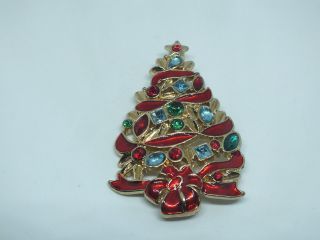 Stunning Pin Gold Tone Holiday Christmas Tree Rhinestones Red Enamel 2 3/4 X 2 "