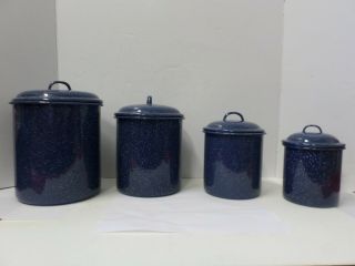 Vintage Blue With White Speckles Enamel 4 Pc.  Canister Set With Lids