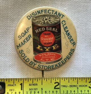 Tomson Red Seal Lye Celluloid Pinback Button 1900 Philadelphia Soap Advertising