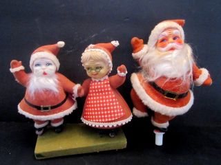 2 Vintage Flocked Mr.  & Mrs.  Claus Dancing Santa Figurine Japan Plastic Felt
