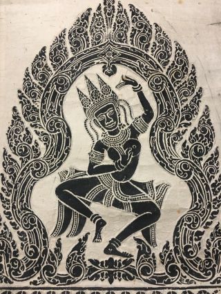 Vintage Thai Siamese Temple Rub Wall Art Buddhist Charcoal Single Naked Dancer