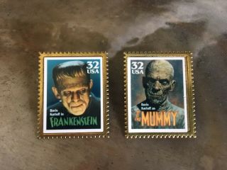 Set Of 2 Usps Universal Monsters Stamps Pins Mummy And Frankenstein