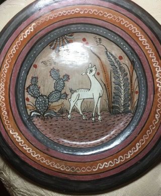Mexican Pottery Hanging Plate; Deer - Cactus Motif; Folk Art By Lucano Family 9 "