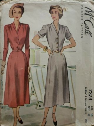 Vintage Sewing Pattern 1950s Misses Dress Mccall 7374 Size 12