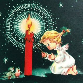 Sweet Angel Girl Lighting Red Candle Baby Birds Singing Christmas Vtg Card