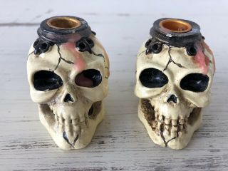 2 Small Skull Shaped Candlestick Holders Creepy Halloween Decor