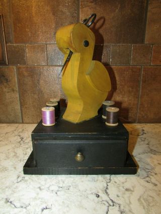 Vintage Handmade Wooden Bird Sewing Stand Holds Thread,  Thimble & Scissors.