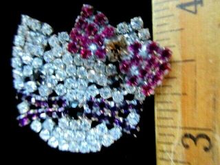 Magnificent Czech Vintage Rhinestone Glass Button Cat With A Hot Pink Bow