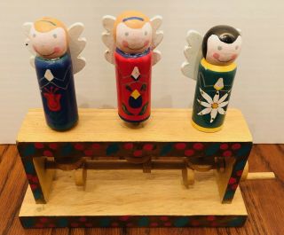 3 Hand Painted Vintage Moveable Wood Christmas Angels Made In Sri Lanka 1980s
