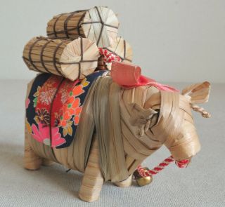 4 " Japanese Vintage Handmade Folkcraft Doll With Bell : Design Straw Cow