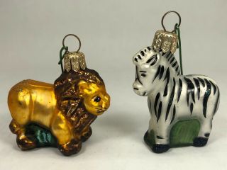 Vintage Zebra & Lion Blown Glass Figural Christmas Ornaments Zoo Wild Animals