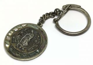 Vintage Old Mexico Sterling Silver Abalone Religious Virgin Mary Key Chain