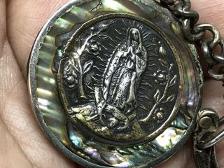 Vintage Old Mexico Sterling Silver Abalone Religious Virgin Mary Key Chain 2