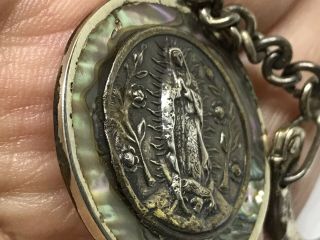 Vintage Old Mexico Sterling Silver Abalone Religious Virgin Mary Key Chain 3
