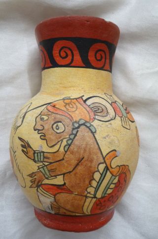 Vintage Mayan Aztec Tribal Warrior Pattern Ceramic Hand Painted Art Pottery Vase